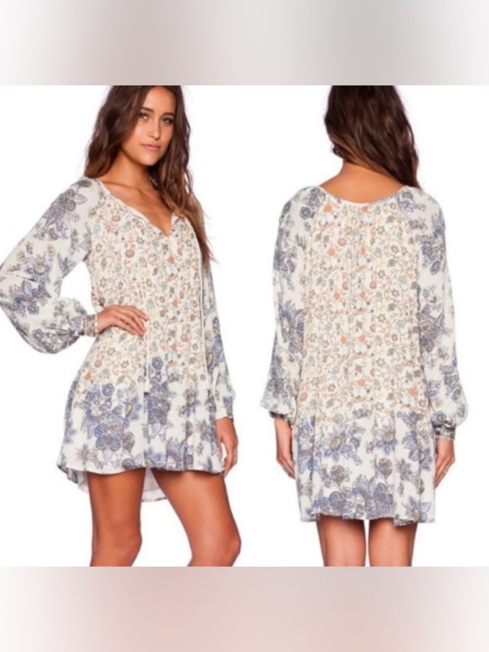 🦋 FREE PEOPLE Boho V Neck Floral Tunic Dress Cottagecore XS Coquette Casual